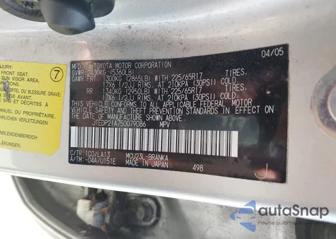 2005 Toyota Highlander Limited V6 from USA, damaged, VIN JTEDP21A750079086